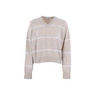Brunello Cucinelli Womens Oyster Wool Blend V Neck Sweater, Size L