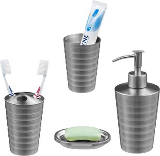 Relaxdays Set Bagno 4 Accessori in Acciaio Inox Spazzolato, Porta Spazzolino e Dentifricio, Sapone e Saponetta, Argento, 17 x 7 cm - Relaxdays