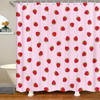 OEM Bonito Juego De Cortina De Ducha Con Estampado De Fresas, Cortina De Ducha Impermeable De Poli&eacute;ster Con Estampado De Frutas Rosas, 72 Pulgadas X 72 Pu