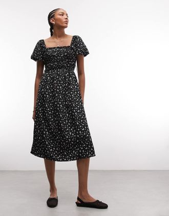 Daisy Street Vestito midi arricciato con maniche a sbuffo bianco a fiorellini
