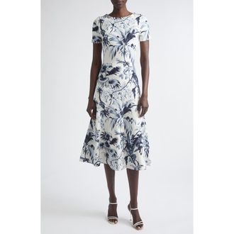Oscar De La Renta Tonal Tropical Knit Midi Dress in Navy/Ivory at Nordstrom, Size Medium