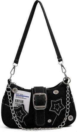 Generic ETOYA Star Embroidery Handbag Denim Shoulder Bag with Chain Y2K Underarm Bag (Black)
