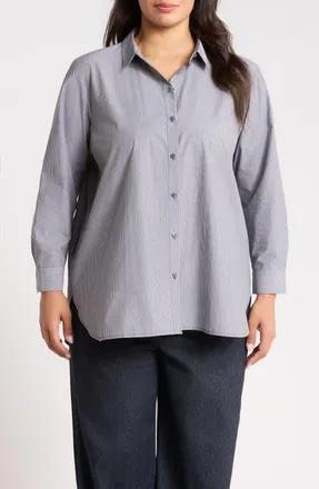 Eileen Fisher Stripe Organic Cotton Button-Up Shirt in Black White at Nordstrom, Size 2X