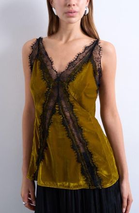 Topshop Velvet & Lace Camisole in Olive at Nordstrom, Size 12 Us