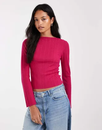 & Other Stories top lavorato a maglia a coste in pura lana merino con maniche svasate rosa