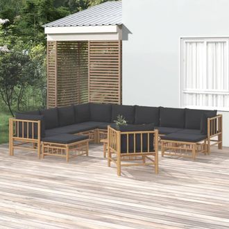 vidaXL Vidaxl Set De Muebles De Jard&iacute;n 12 Pzas Bamb&uacute; Con Cojines Gris Oscuro