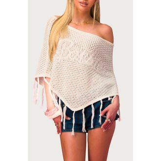 Edikted x Barbie Fringe Trim Cotton Poncho in Ivory at Nordstrom, Size Xx-Large