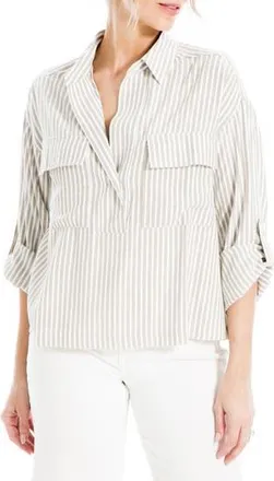 Max Studio Grid Print Roll Sleeve Popover Shirt in Taupe/Black Frame Stripe at Nordstrom Rack, Size X-Large