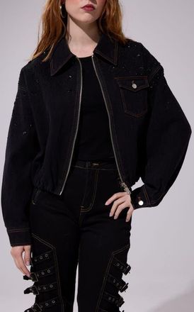 Azalea Wang Safina Embellished Denim Jacket in Black at Nordstrom, Size X-Large