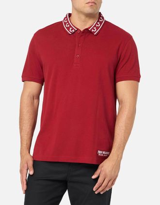 True Religion Mens True Religion Mens Polo Shirt Relaxed Fit Branded Collar SS Pique Polo Shirts - Red - Size: 42