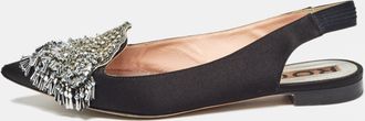 Rochas Black Satin Crystal Embellished Flat Slingback Sandals