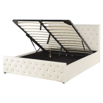 Beliani Cama Doble Tapizada En Terciopelo Beige 160 X 200 Cm Con Almacenamiento Cabecero Acolchado Amiens