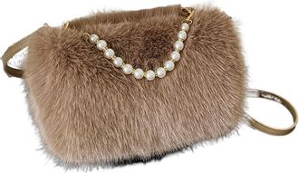 Generic Womens Plush Bags Winter Fluffy Shoulder Bags Womens Pearl Handle Ladies Crossbody Bag Small Female Handbags Purses(Coffee)