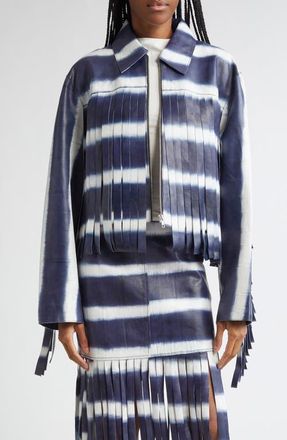 Stand Studio Charlotta Fringe Stripe Crop Leather Jacket in Ocean Tie Dye at Nordstrom, Size 8 Us