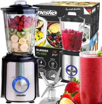 Adler Europe Mesko Ms 4080 Batidora De Vaso, Jarra Cristal 1,5 Litros, 1000w, 2 Velocidades + Pulso 6 Cuchillas Acero Inox 1200w Negro/plata