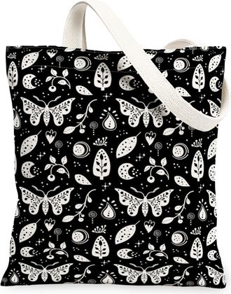 Generic Black Floral Canvas Tote Bags, Butterfly Leaf Pattern Reusable Grocery Bags, Stylish Lightweight Washable Shoulder Strap Ca, Black, 13x15 Inch
