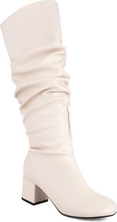 Generic Womens Round Toe Block Heels Slouch Knee High Boots Comfort Wide Calf Pull On Winter Dress Shoes (7.5,Beige)