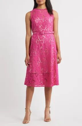 Adrianna Papell Belted Sleeveless Lace Midi Dress in Tropical Pink at Nordstrom Rack, Size 14