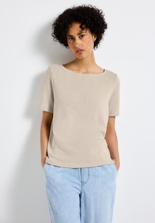 Street One T-Shirt STREET ONE, Damen, Gr. 40, beige (moonstone sand), Jersey, Obermaterial: 56% Polyester, 44% Viskose, unifarben, regular fit taillenbedeckt, U-