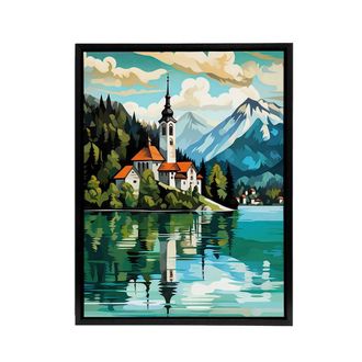 Artery8 Church on Lake Bled Slovenia Island Framed Canvas Wall Art Print in Blue | Size: W24 x H32