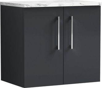 Nuie Nuie - Arno Wall Hung 2-Door Vanity Unit with Carrera Marble Worktop 600mm Wide - Satin Anthracite