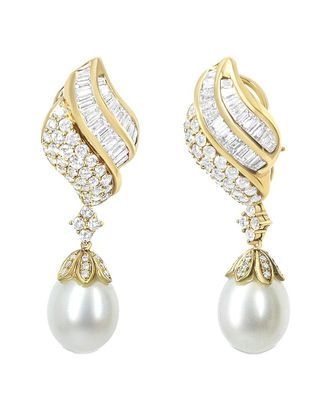 House of Brilliance Haus Of Brilliance 18K 7.05 Ct. Tw. Diamond & 12.5-13.0Mmmm Pearl Drop Earrings