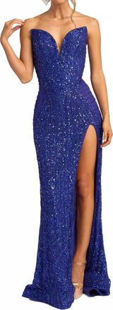 Portia & Scarlett Fully Embellished Strapless Dress With Slit In Cobalt