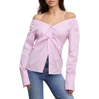 Good American Poplin Off the Shoulder Top in Pink Flora Stripe001 at Nordstrom Rack, Size X-Large