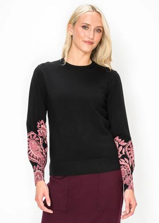 YAL New York Embroidered Sleeve Sweater in Black and Pink