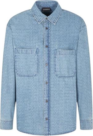 Emporio Armani Denim overhemd met comfortabele pasvorm en logo-letters all-over print - Heren - Casual Overhemden - Blauw - S - Denim - Overhemden