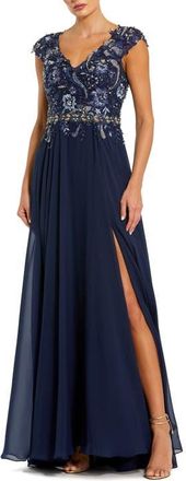 Mac Duggal Embellished Cap Sleeve Bodice Chiffon Gown in Midnight at Nordstrom, Size 12