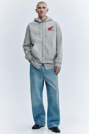 H&M Loose Fit Printed Zip-through Hoodie in Light Gray Melange/honda at Nordstrom, Size Xx-Large