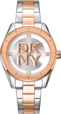 DKNY Women Watch, Two Tone Silver & Rose Gold Color Case, Silver White Dial, Two Tone Silver & Rose Gold Color Metal Bracelet, 3 Hands, 5 ATM