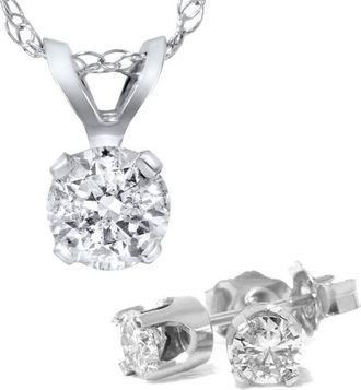 Pompeii3 1 5/8 Carat Diamond Solitaire Necklace & Studs Earrings Set 14K White Gold