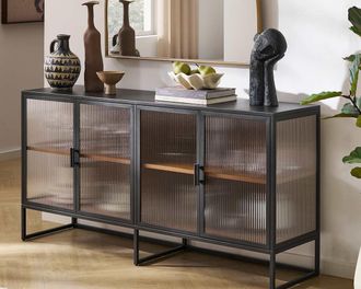 Castlery Panes Fluted Glass Sideboard, 63 - Gunmetal Frame, Tempered Glass, Black Finish