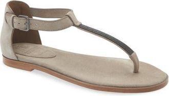 Brunello Cucinelli Monili T-Strap Suede Sandal in C5859 Ice at Nordstrom, Size 10.5Us