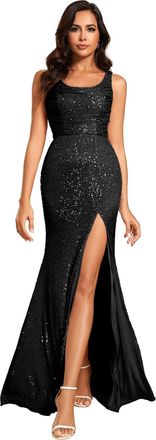 Ever-pretty Women Dress Sparkly Sequin Front High Slit U-Neck Sleeveless Formal Evening Dress Black 20UK