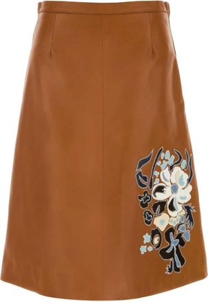 Marni Leren Rok met Bloemenintarsia - Dames - Leren & Su&egrave;de rokken - Bruin - XS - Leer - Rokken