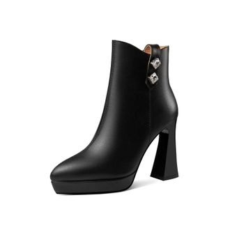 TinaCus Womens Pointed Toe Handmade High Spool Heels with Platform Side Zipper Genuine Leather Ankle Boots, Black, 8.5 UK