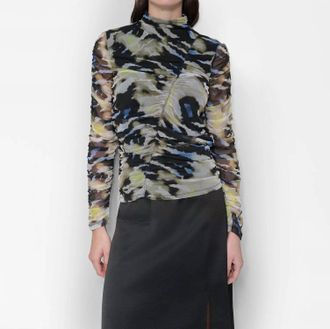 DKNY Printed Mock-Neck Long Abstract Tiger Top In Gray