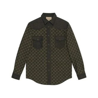 Gucci Denim Shirts, male, Green, Size: L Washed Denim Shirt with GG Insert