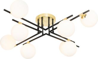 QAZQA Qazqa - Art D&eacute;co Plaf&oacute;n Art Deco Negro Con Dorado Y Cristal Opalino 8 Luces - Lynn Acero /vidrio Redonda Adecuado Para Led Max. 8 X 28 Watt