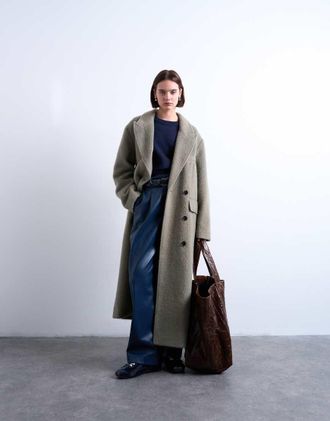 Topshop Cappotto in misto lana spazzolato color salvia con 3 bottoni-Verde