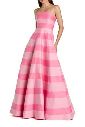 Mac Duggal Striped Satin Strapless Ballgown With Pockets in Pink Multi at Nordstrom, Size 12