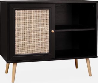 Sweeek Sweeek - Aparador Estilo Escandinavo Con 1 Puerta De Ca&ntilde;a, 80cm, Boheme, Negro, 80x39x65.8 Cm