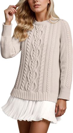 Generic Womens Jumper Dress with Lace Skirt Knitted Sweater Dress Cable Knit Elegant Autumn Comfortable Warm Wool Jumper Round Neck Pleated Patchwork Dress Tu