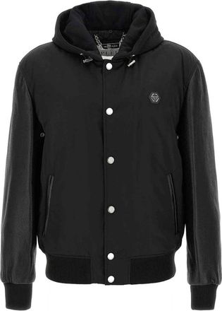 Philipp Plein Hooded Bomberjack met leren mouwen - Heren - Bomber jackets - Zwart - M - Leer - Jassen