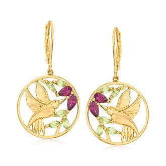 Ross-Simons Rhodolite Garnet and. Peridot Hummingbird Drop Earrings in 18kt Gold Over Sterling