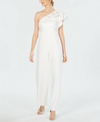 Adrianna Papell Ruffle Detail One Shoulder Jumpsuit In Ivory