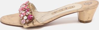 Gina Size 37.5 Gold Leather Crystal Embellished Slide Sandals